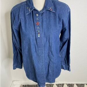 Vintage Christmas Holiday Angel and Snowman Denim Jean Shirt Size medium p